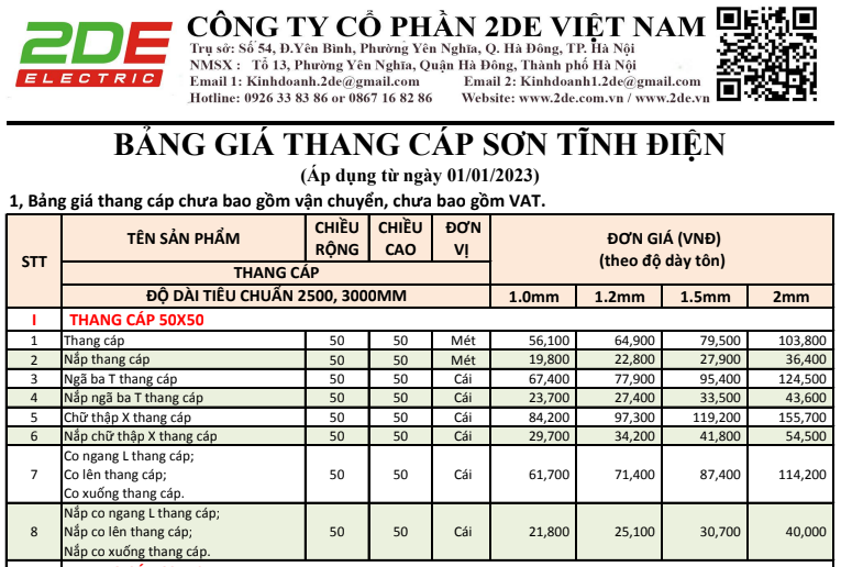 Bảng giá thang cáp sơn tĩnh điện 2022